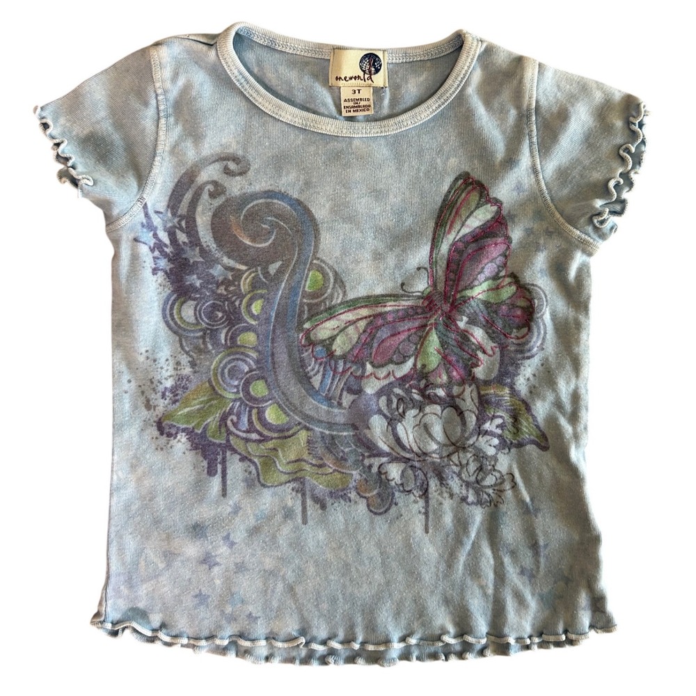 Vintage y2k kid graphic tee ruffle sleeve light blue butterfly‎ print